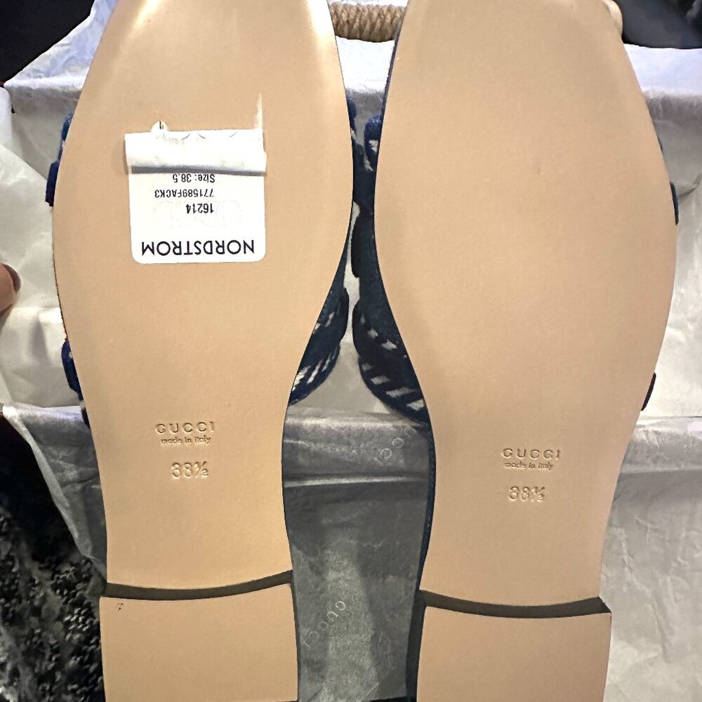 Gucci Jane Denim Logo Embroidered Flat Slide Sandals Shoes Blue - Picture 15 of 16